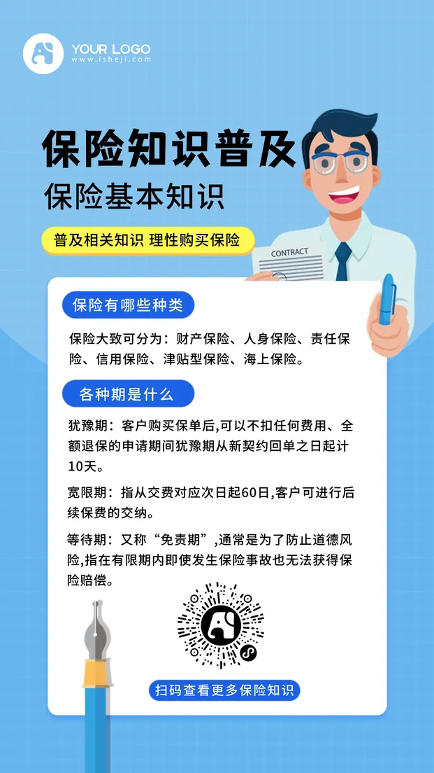 扁平简约保险知识普及手机海报