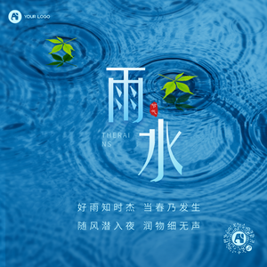 传统节气雨水水波纹雨滴清新简约方形海报