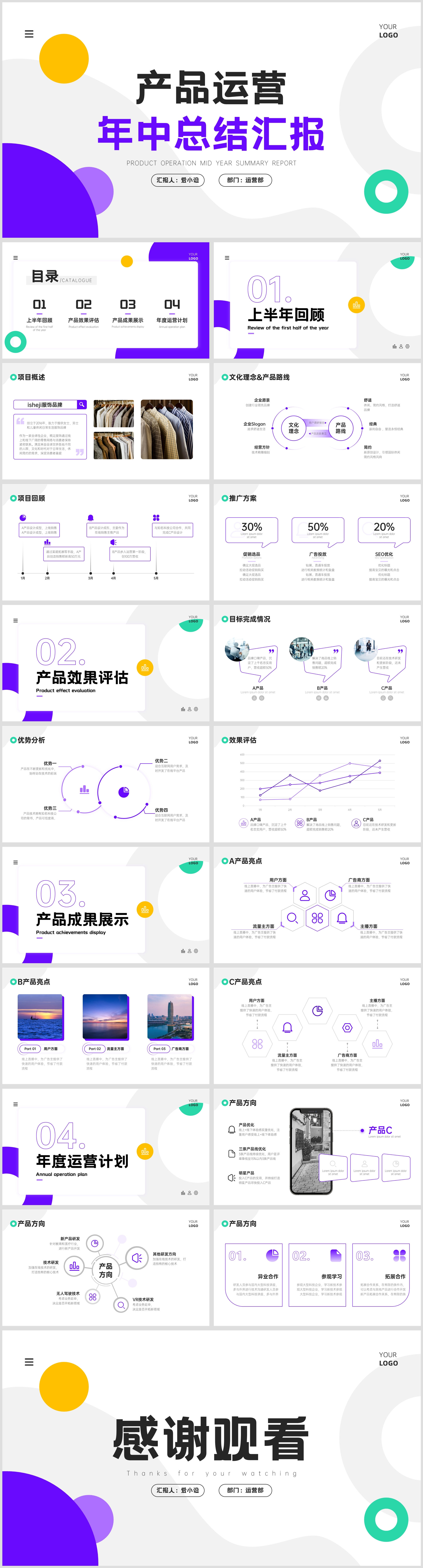 扁平风简约产品运营年中总结汇报PPT模板