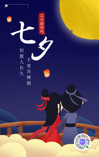 简约扁平创意插画七夕情人节手机海报
