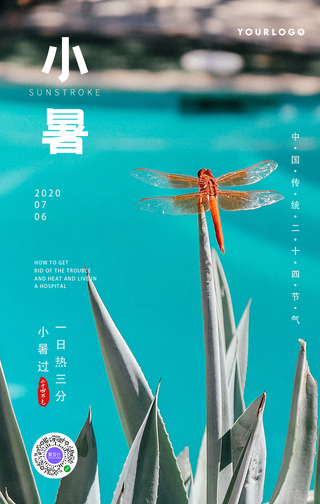 蓝色文艺清新小暑蜻蜓手机海报
