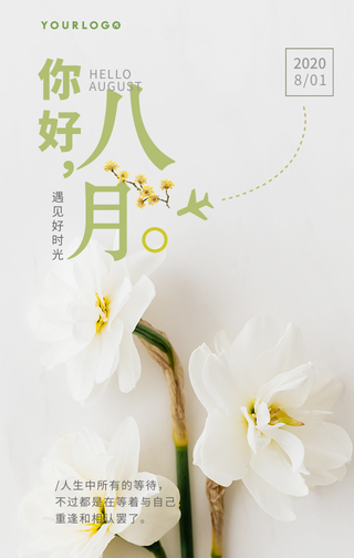文艺清新你好八月心情问候手机海报