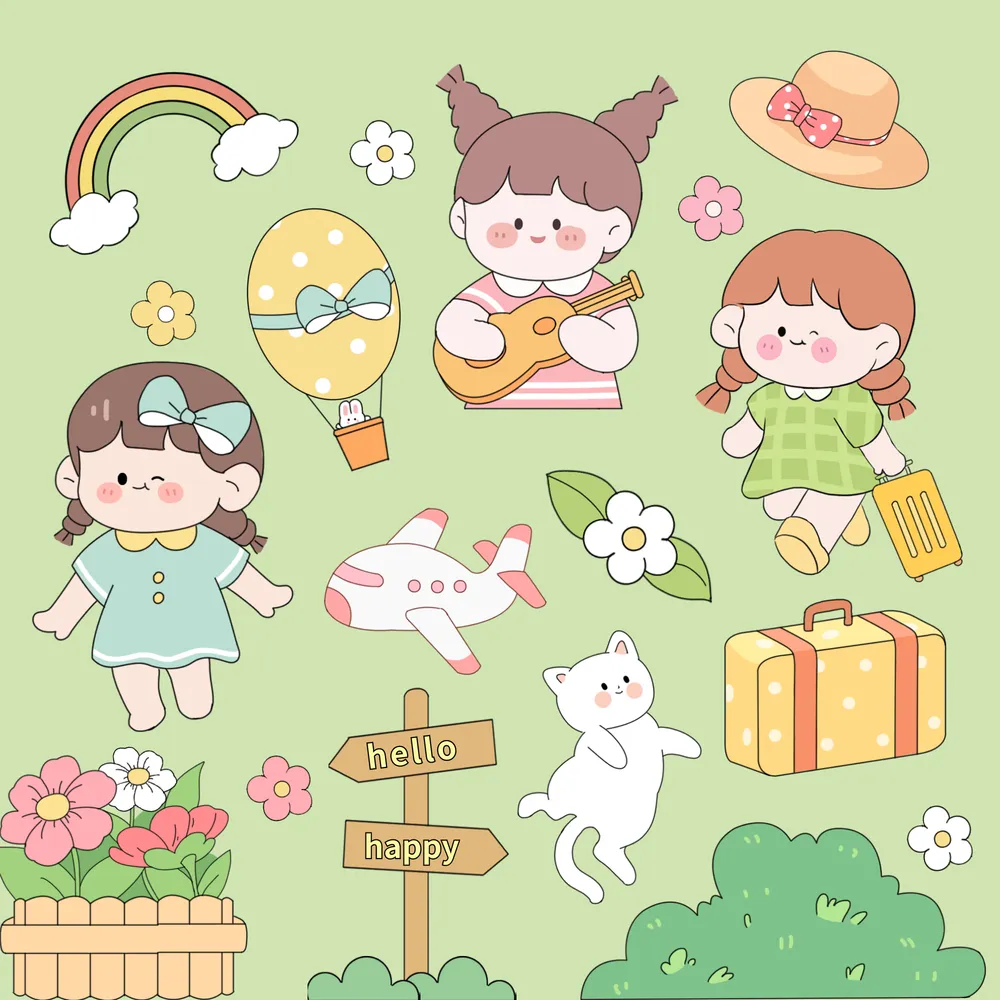 可爱描边风春季春游贴纸素材