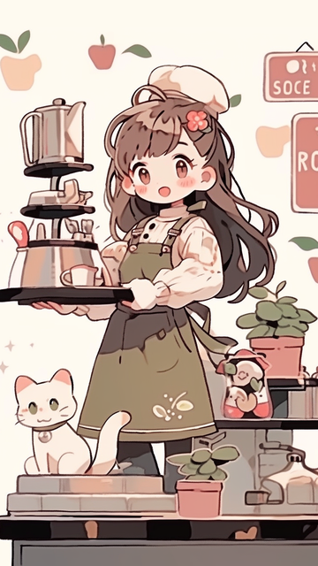描边风咖啡馆女孩手机壁纸