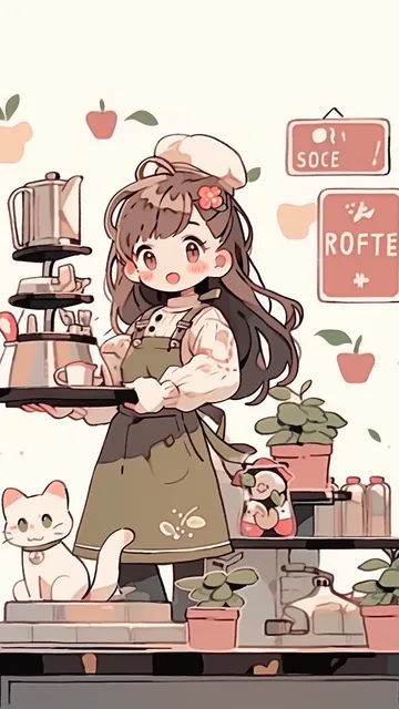 描边风咖啡馆女孩手机壁纸
