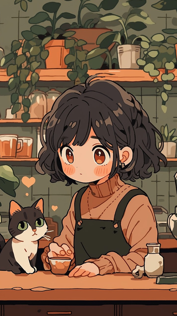 描边风咖啡馆女孩手机壁纸