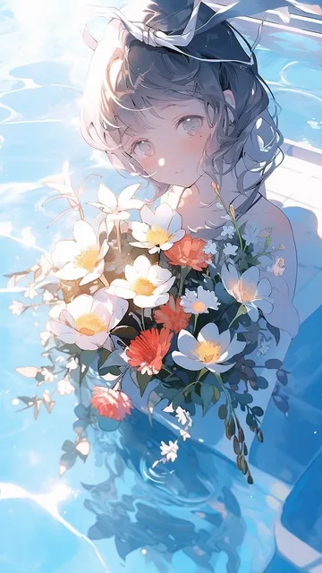 夏天女孩抱着花蓝色清凉壁纸