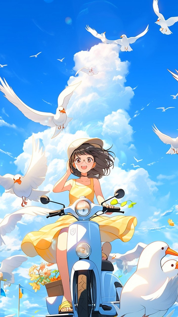 夏天蓝色女孩骑车插画手机壁纸