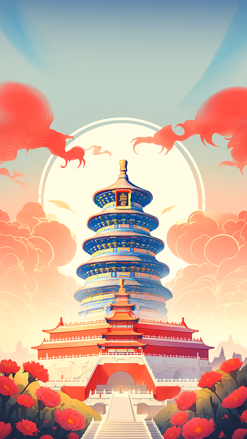 国潮风古风建筑物插画手机壁纸