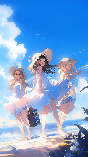 3个女孩夏天海边清新手绘手机壁纸