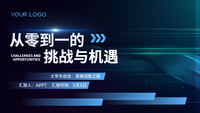 蓝色科技风大学生创业：从零到一的挑战与机遇PPT模板