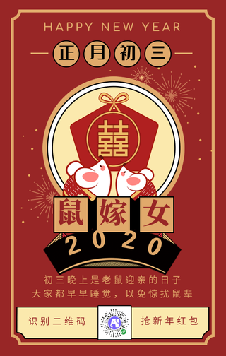 新年正月初三鼠嫁女喜庆手机海报