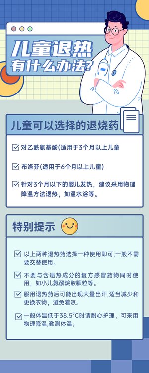 描边卡通风儿童退热防护手册营销长图