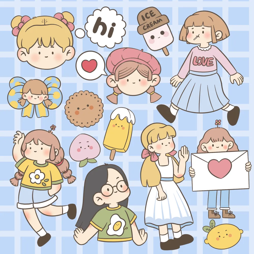 蓝色描边风少女日常可爱贴纸插画素材