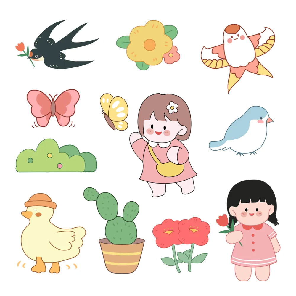 可爱卡通春天贴纸插画素材