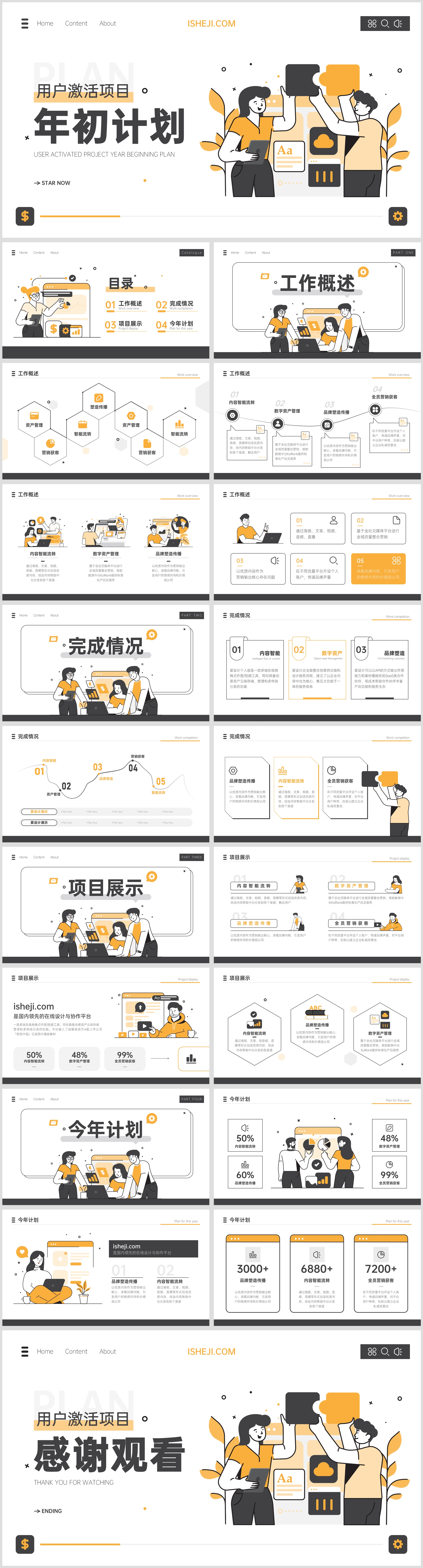 插画风亮丽年初计划PPT模板
