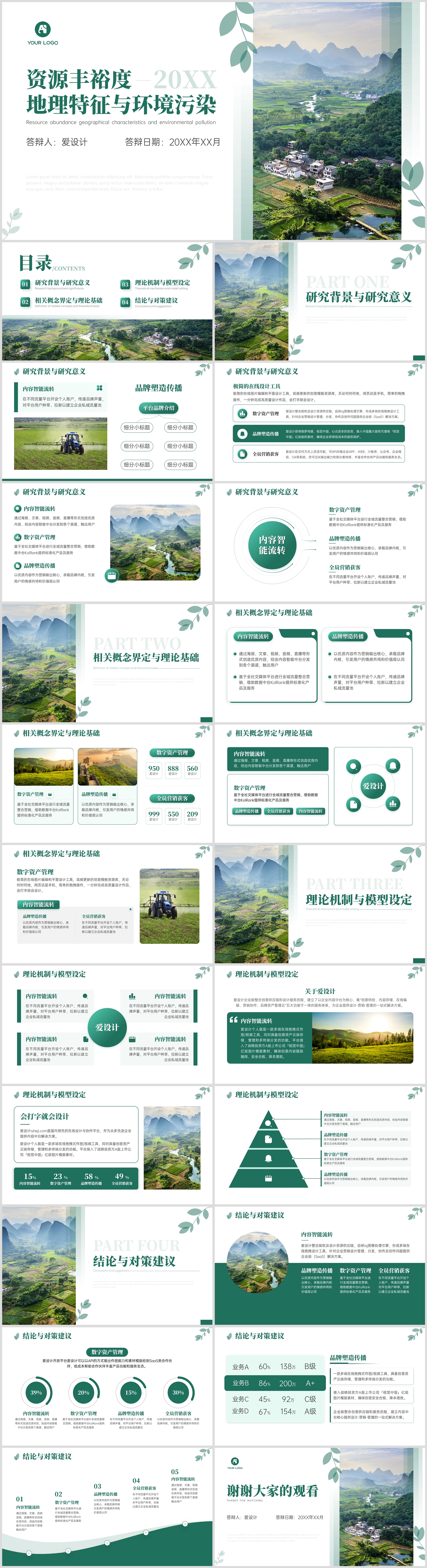 绿色清新扁平简约毕业答辩PPT模板