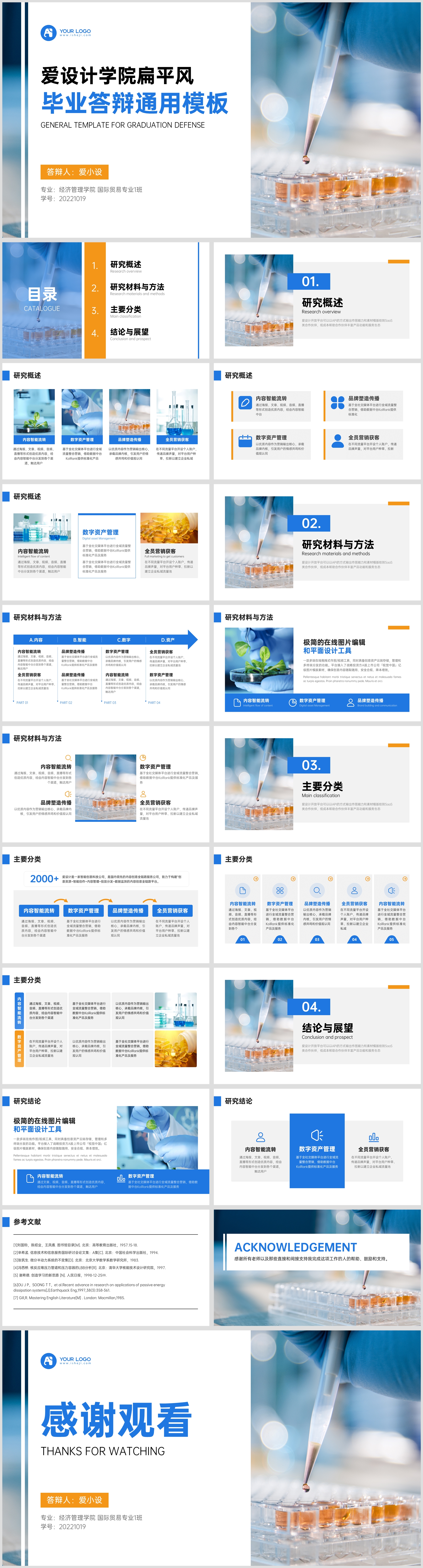 扁平风蓝色简约通用毕业答辩PPT模板