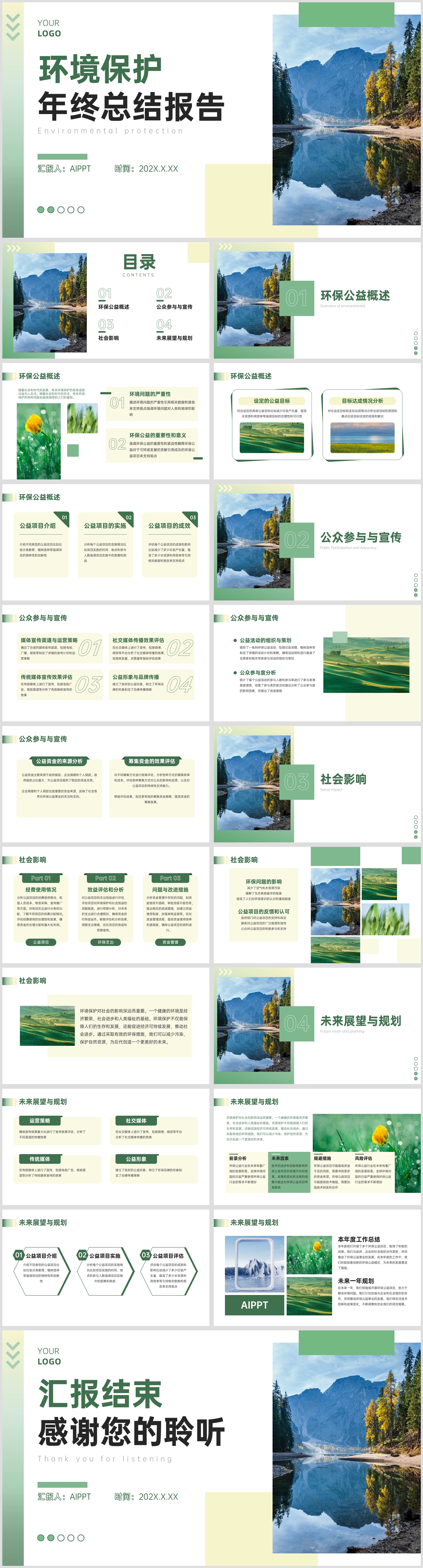 绿色清新文艺环境保护年终总结PPT模板