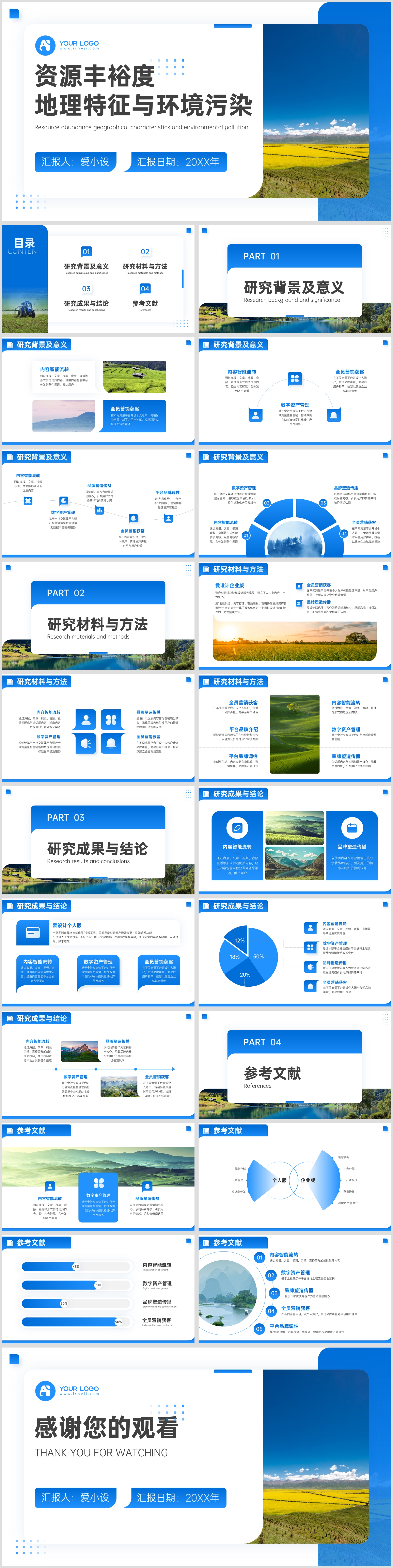 扁平风蓝色渐变简约答辩汇报PPT模板