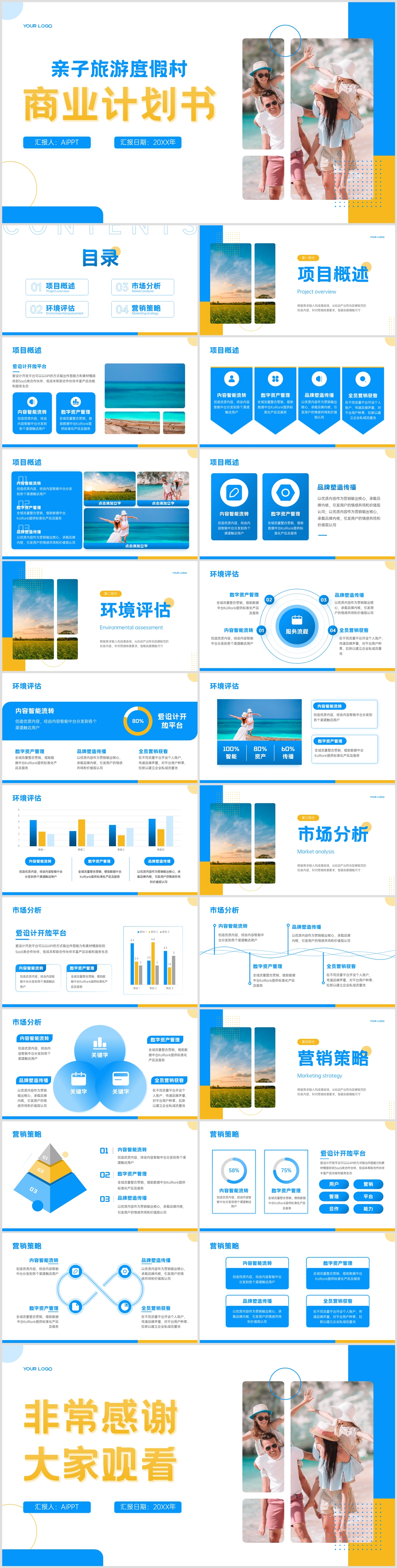 黄蓝撞色简约风亲子旅游商业计划书PPT模板
