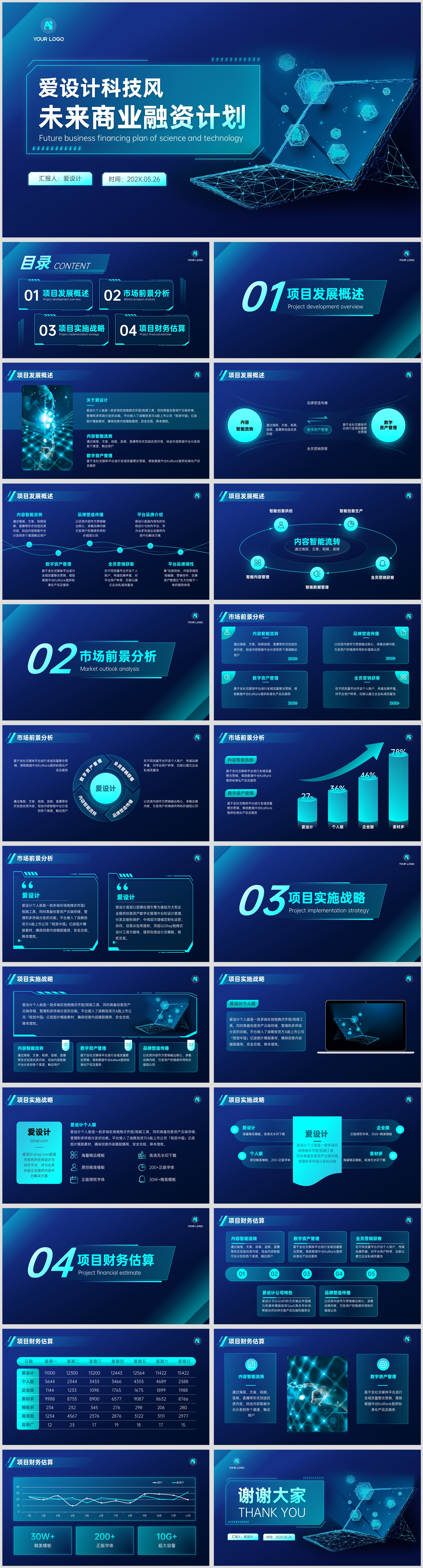 商业融资计划书蓝色科技风PPT模板
