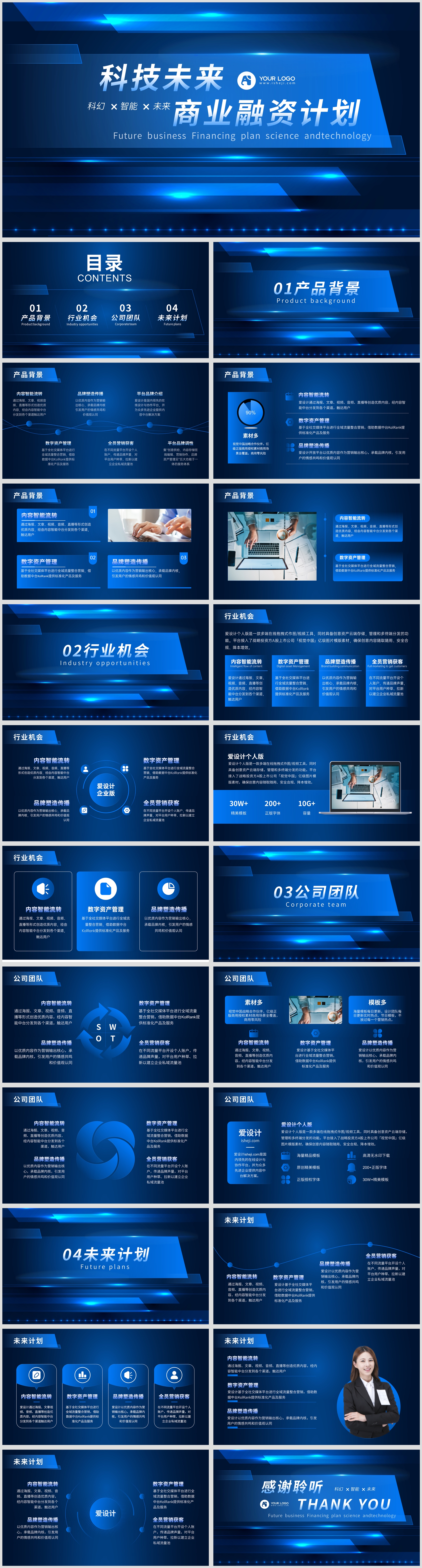 商务科技蓝色扁平渐变风商业企划书PPT模板
