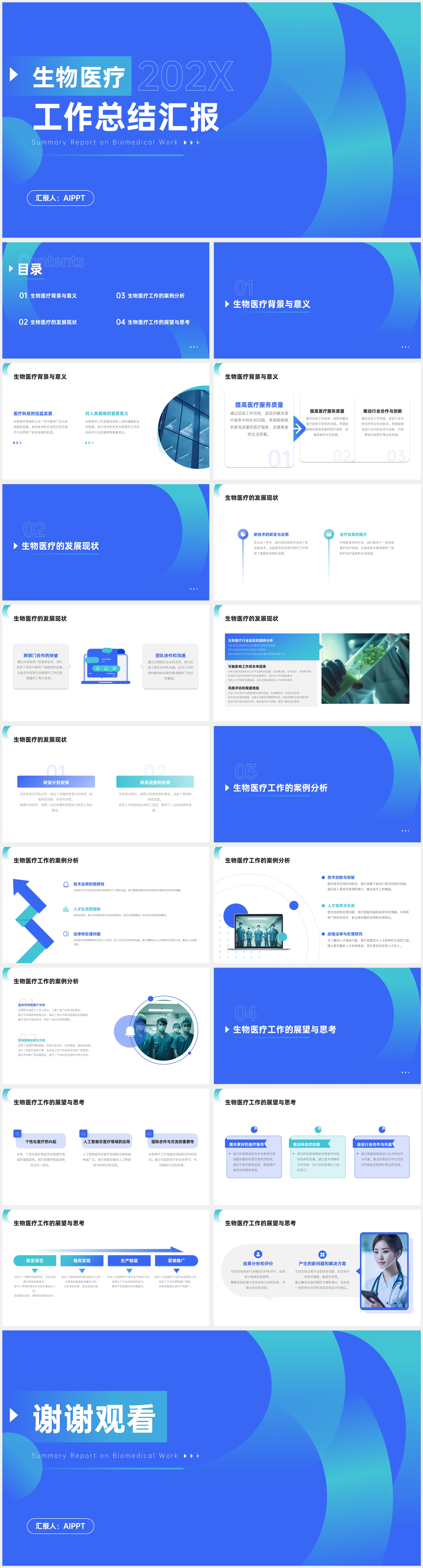 扁平蓝色科技风生物医疗主题PPT模板