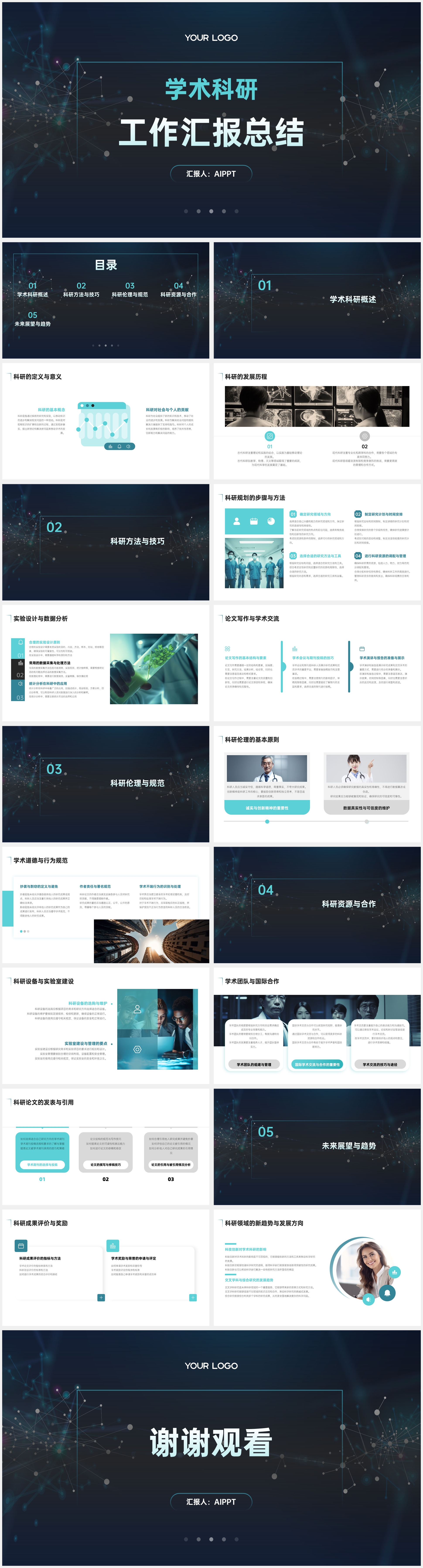 扁平简约科技风学术科研工作总结PPT模板