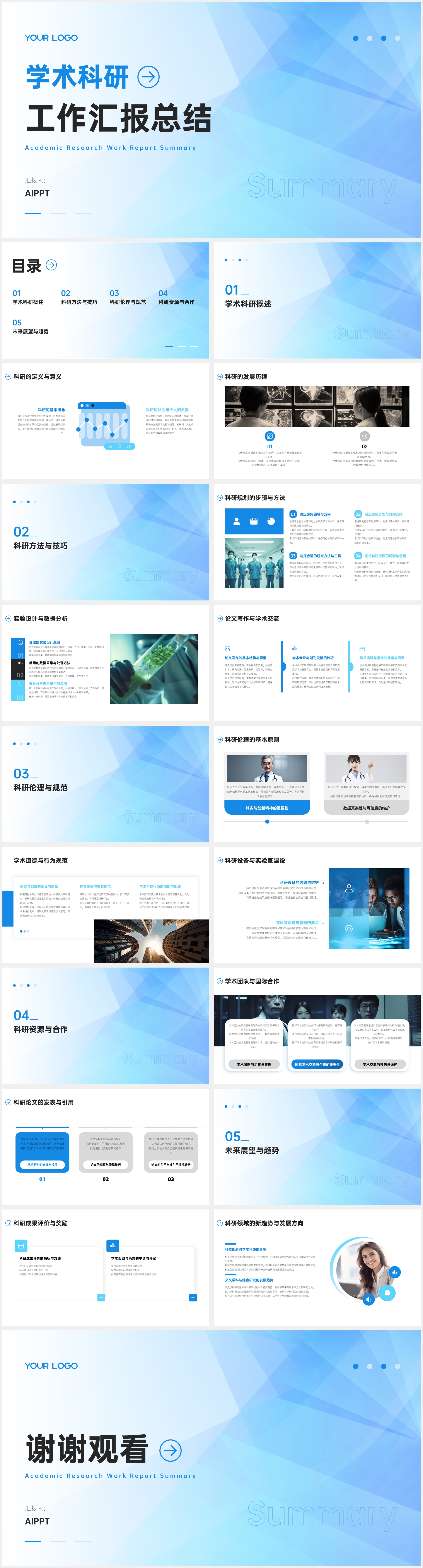 蓝色清新扁平简约学术科研工作汇报PPT模板